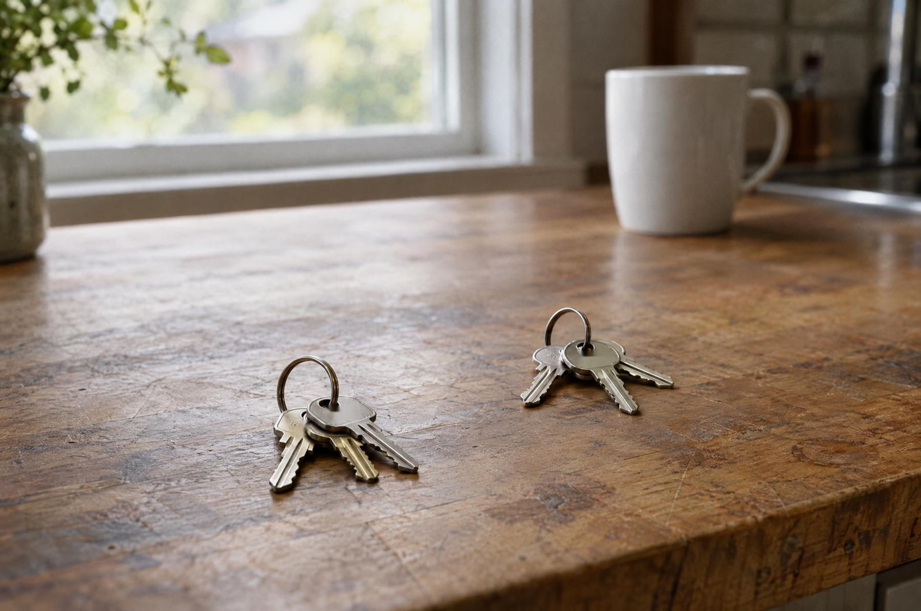 Two sets of house keys lying apart on a butcher-block kitchen counter