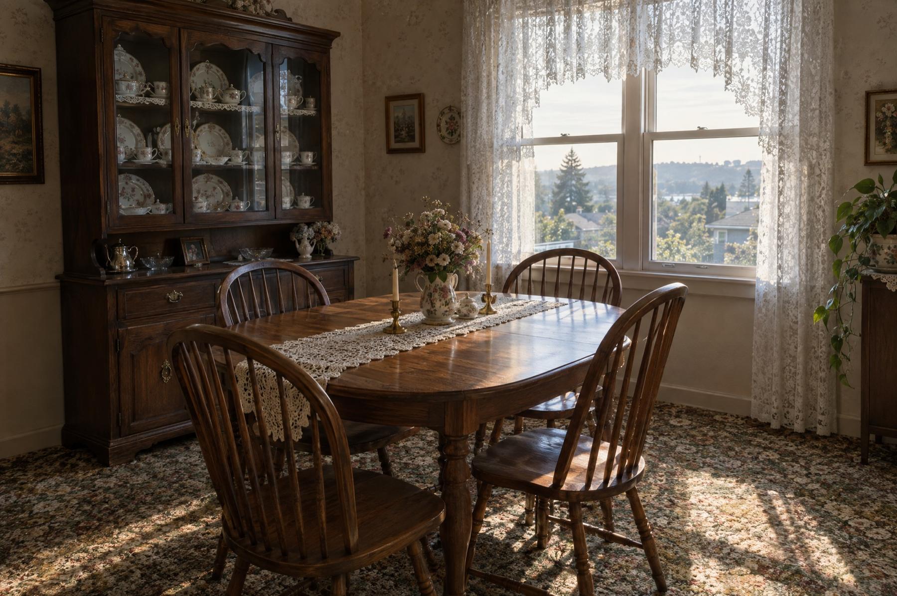 Dining room of an older family home with a wooden china hutch and lace curtains