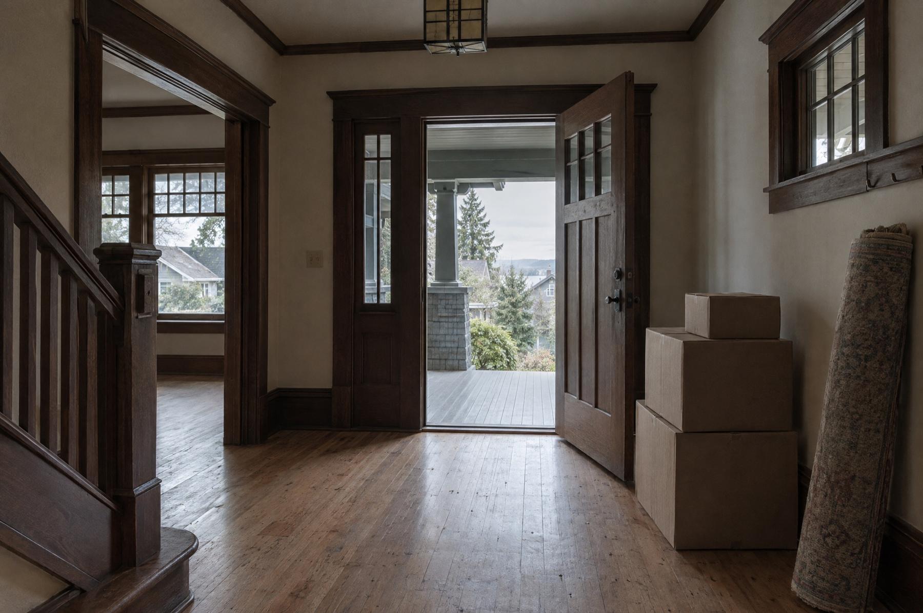 Moving boxes stacked beside the open front door of an emptied craftsman house