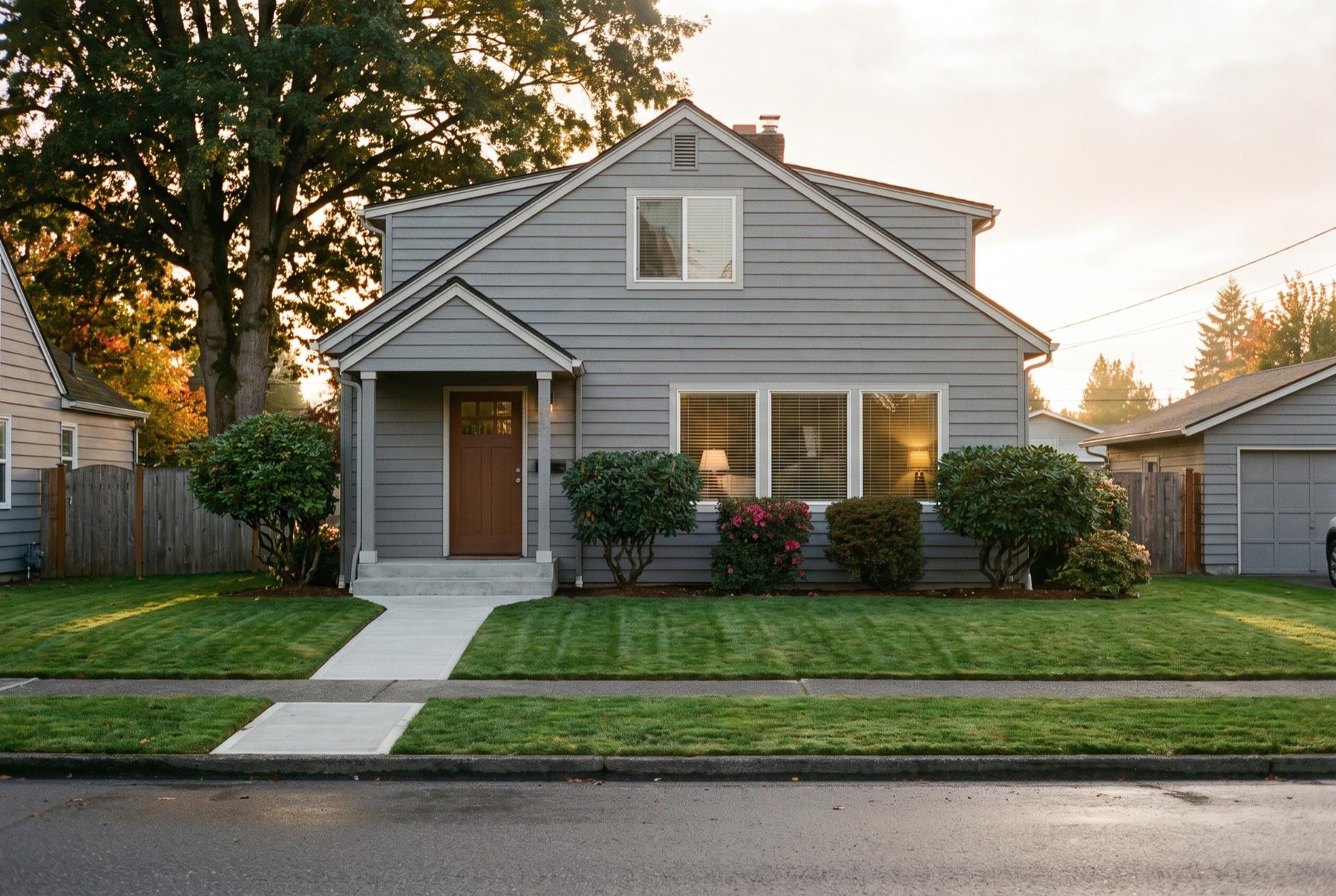 A tidy two-story Puyallup house with a freshly mowed lawn and swept front walk