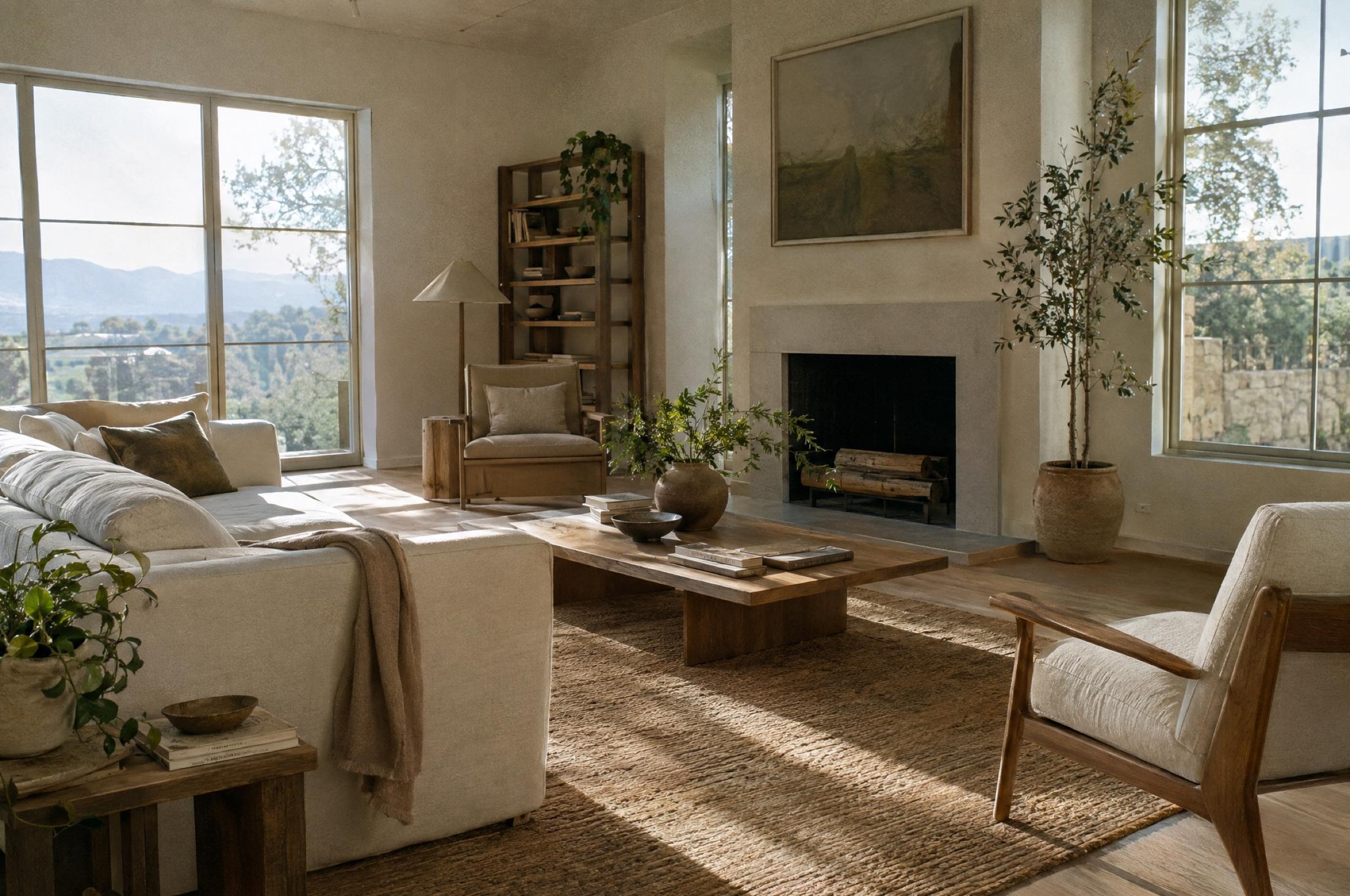 Sunlit living room with a white linen sofa, low wood coffee table, jute rug, stone fireplace, and a potted olive tree beside tall windows