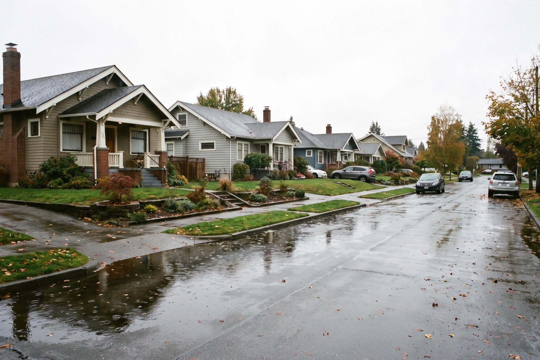Wet residential street after rain lined with craftsman bungalows, parked cars, and autumn trees, fallen leaves on the pavement