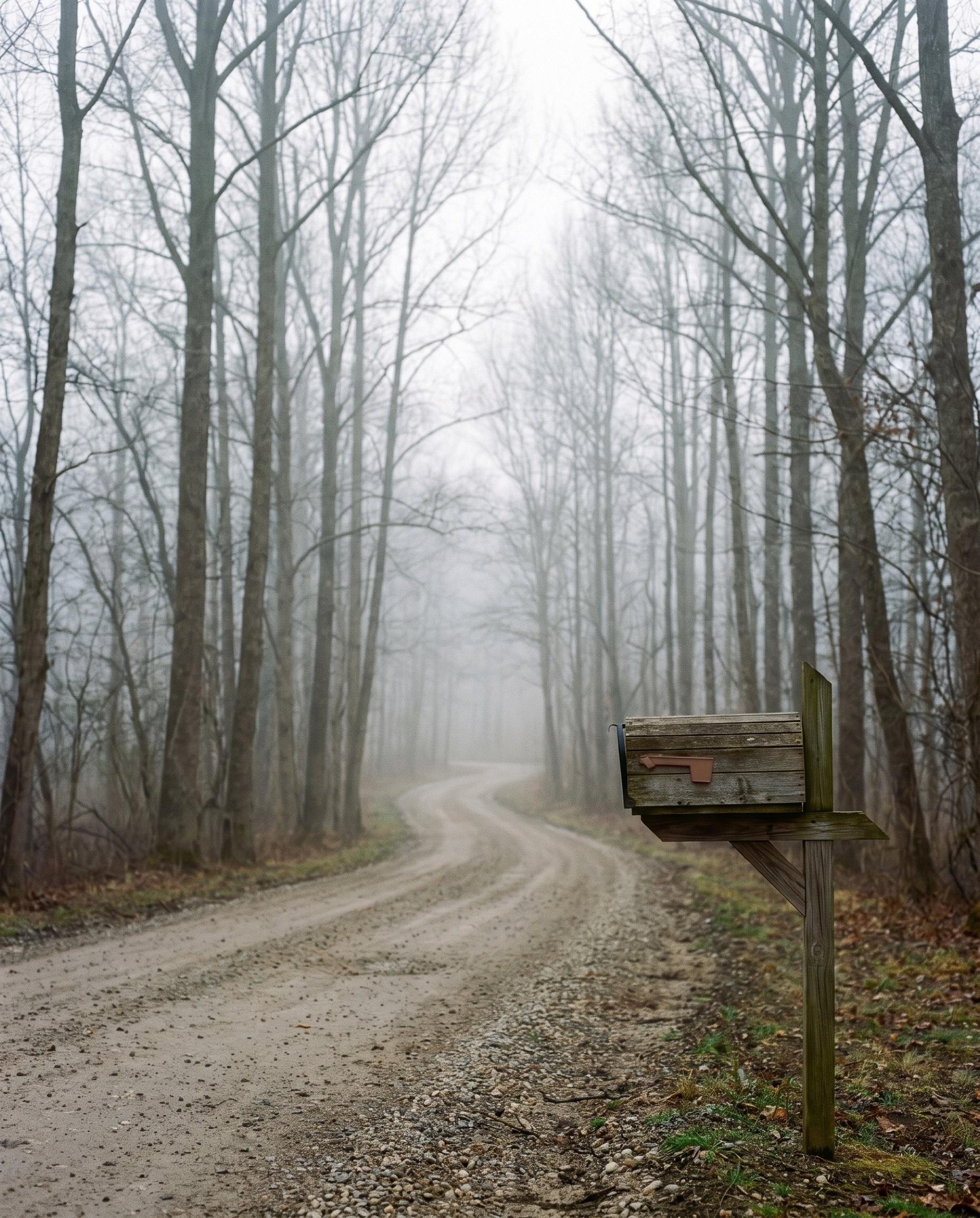 Weathered wooden mailbox with a faded clay-colored flag on a post beside a winding gravel road through bare trees in morning fog