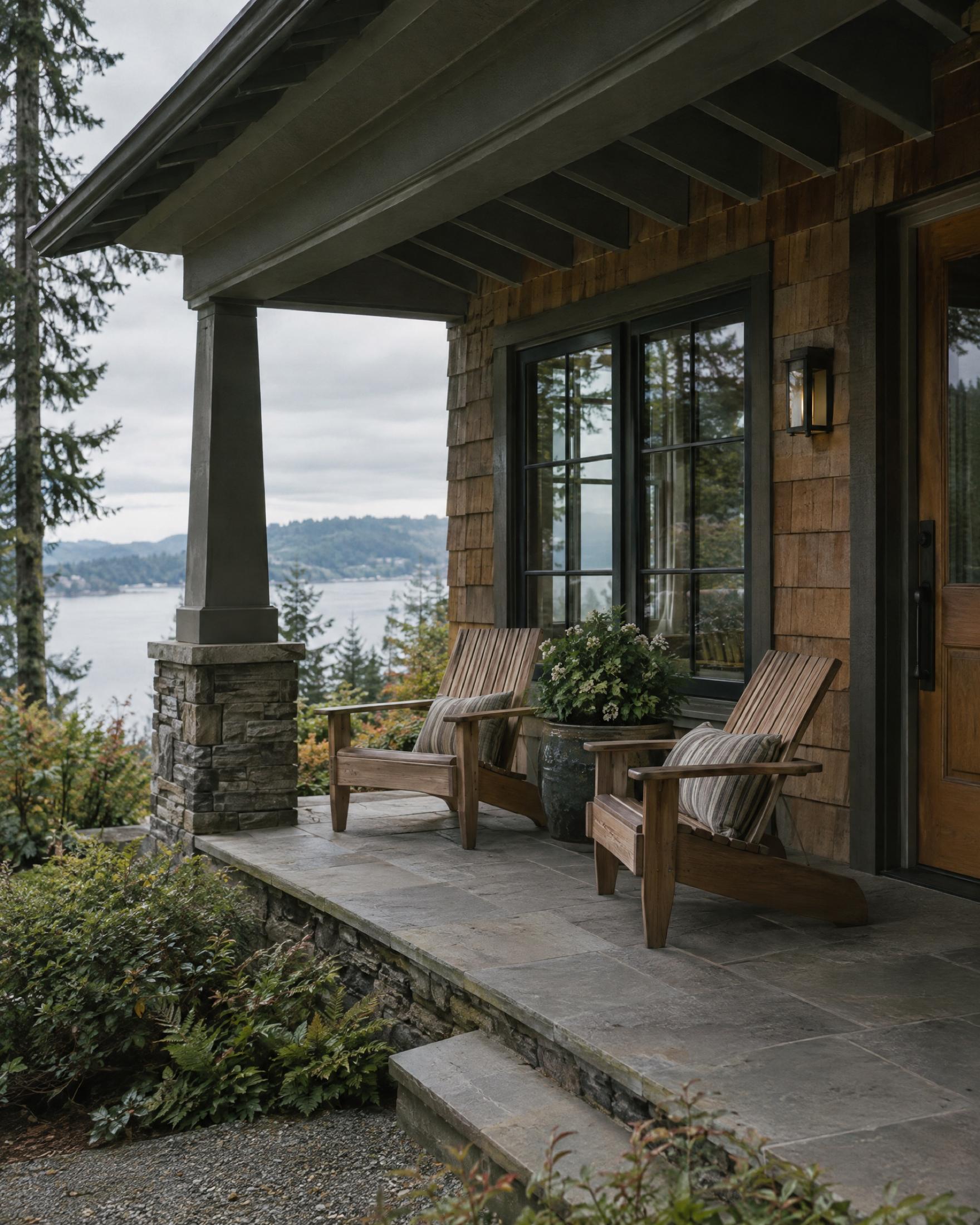 Two wooden Adirondack chairs with striped cushions and a potted flowering plant on a stone-floored front porch, evergreens and water beyond under an overcast sky
