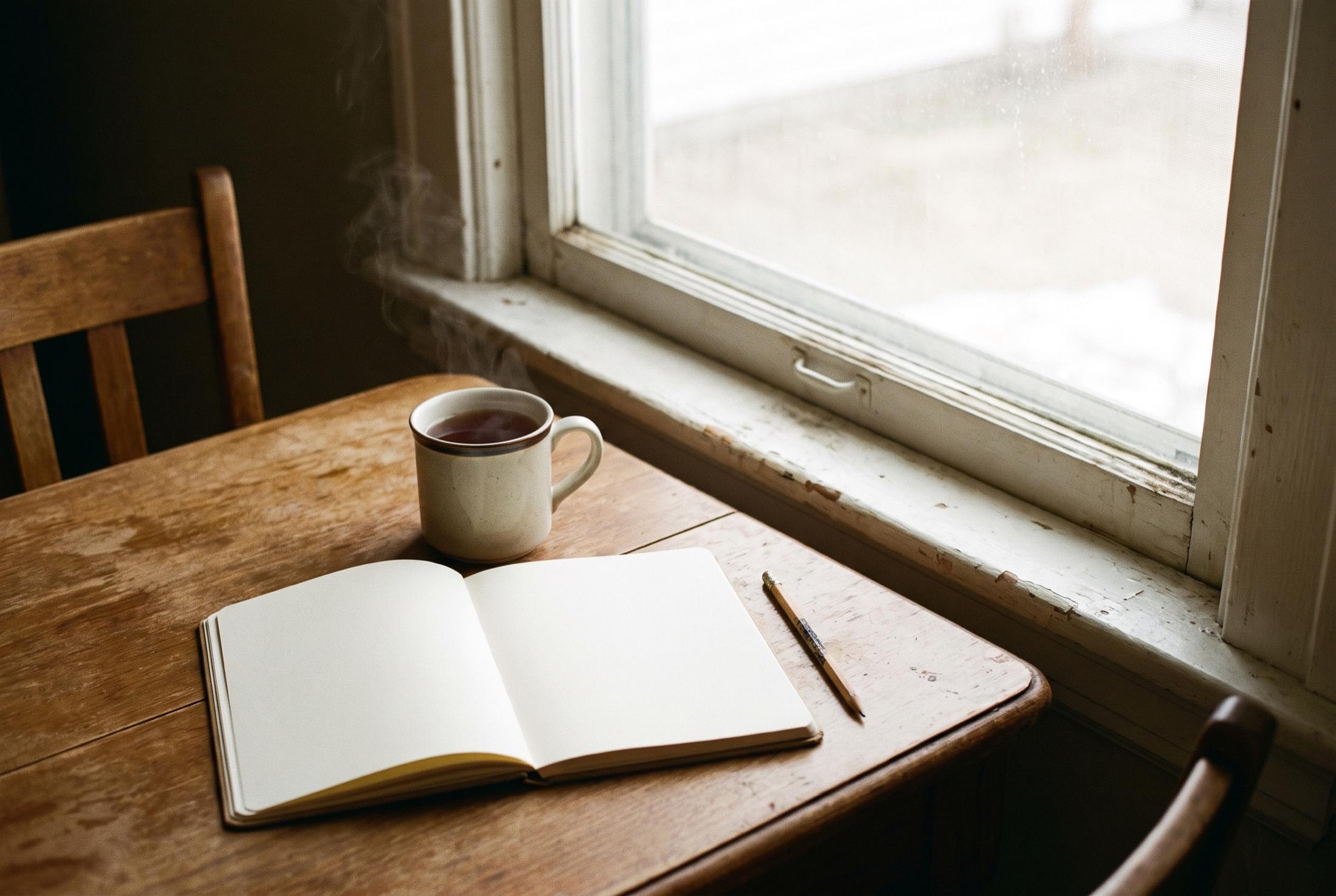 Steaming mug of tea beside a blank open notebook and a pencil on a worn wooden kitchen table under a window in soft morning light